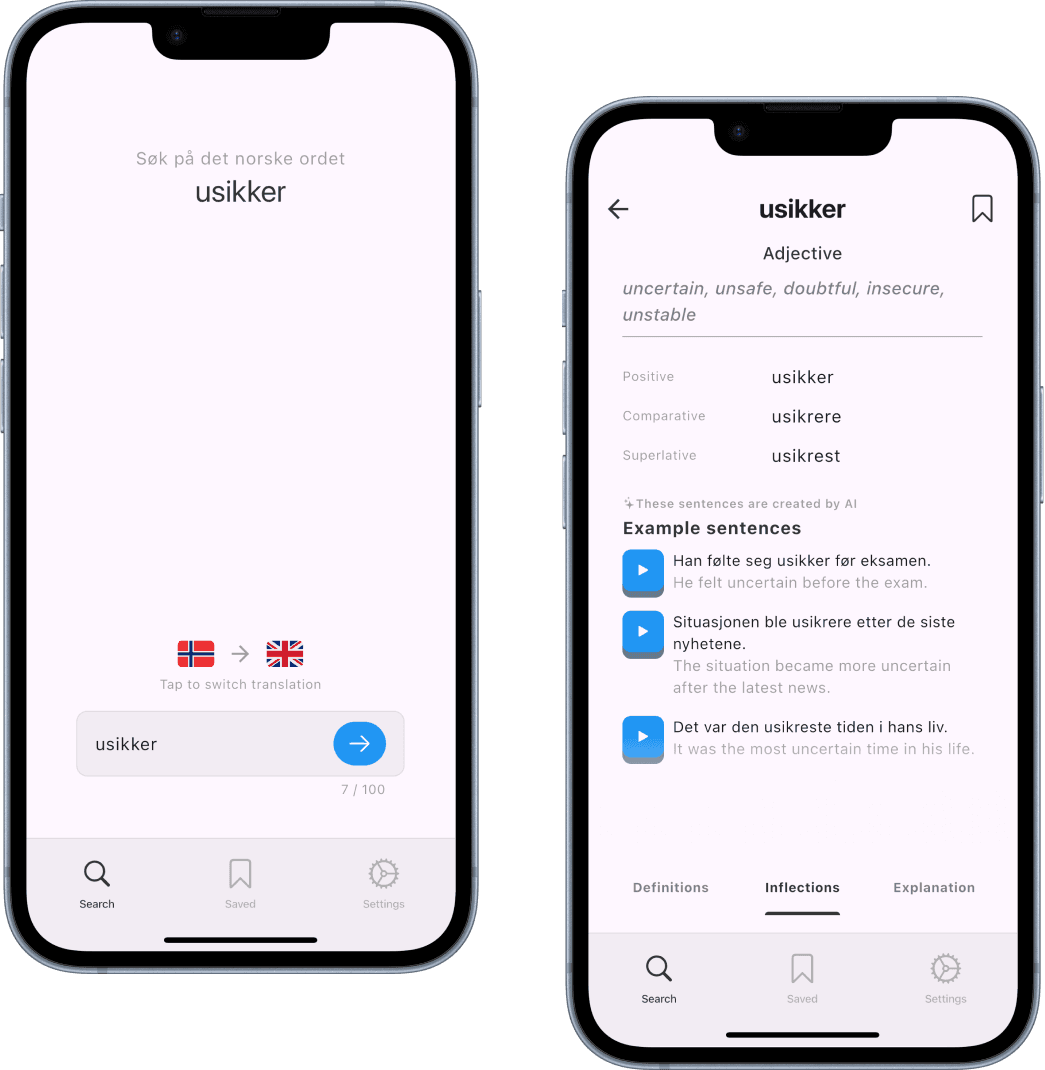 Ordboka app interface