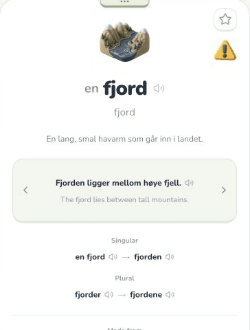 The word fjord, with a picture, Norwegian definition, translated example sentence, pronunciation controls and word forms.