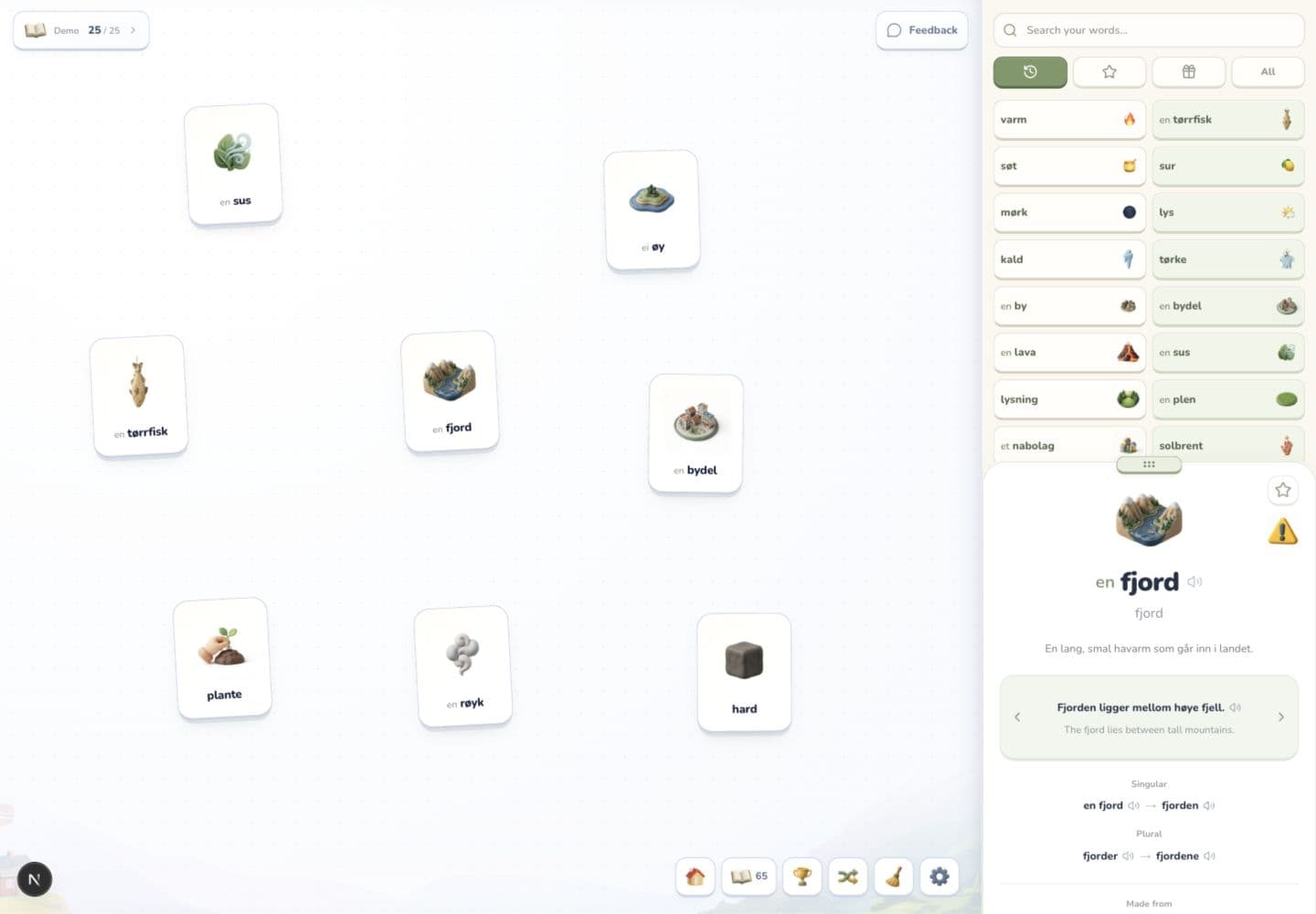 The complete Ordlek game: eight illustrated Norwegian word cards on the board, a collection of discovered words, and the selected word fjord with its picture, pronunciation, definition and translated example.