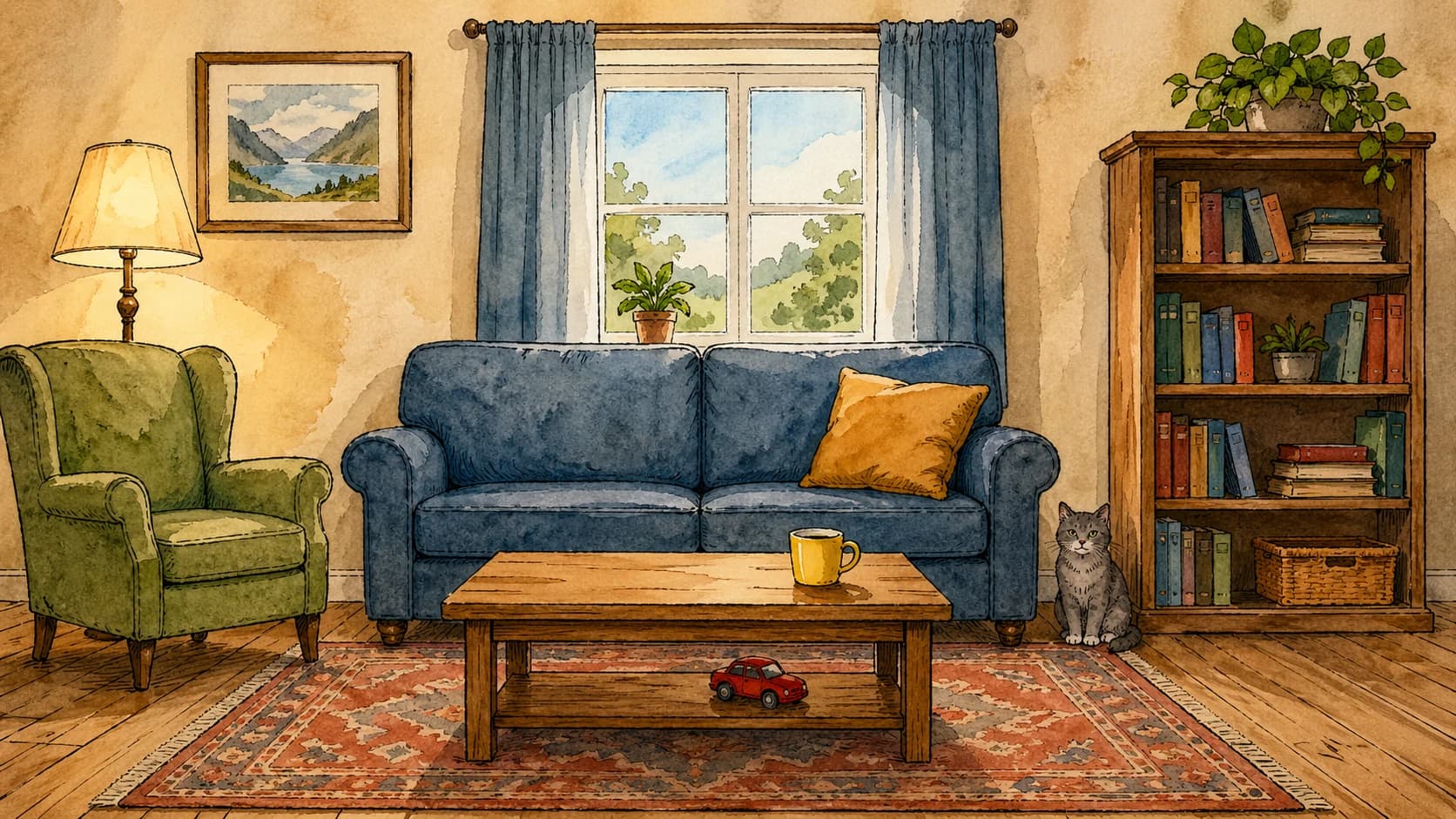 Stue med sofa, bord, stol, bokhylle og tydelige plasseringer.