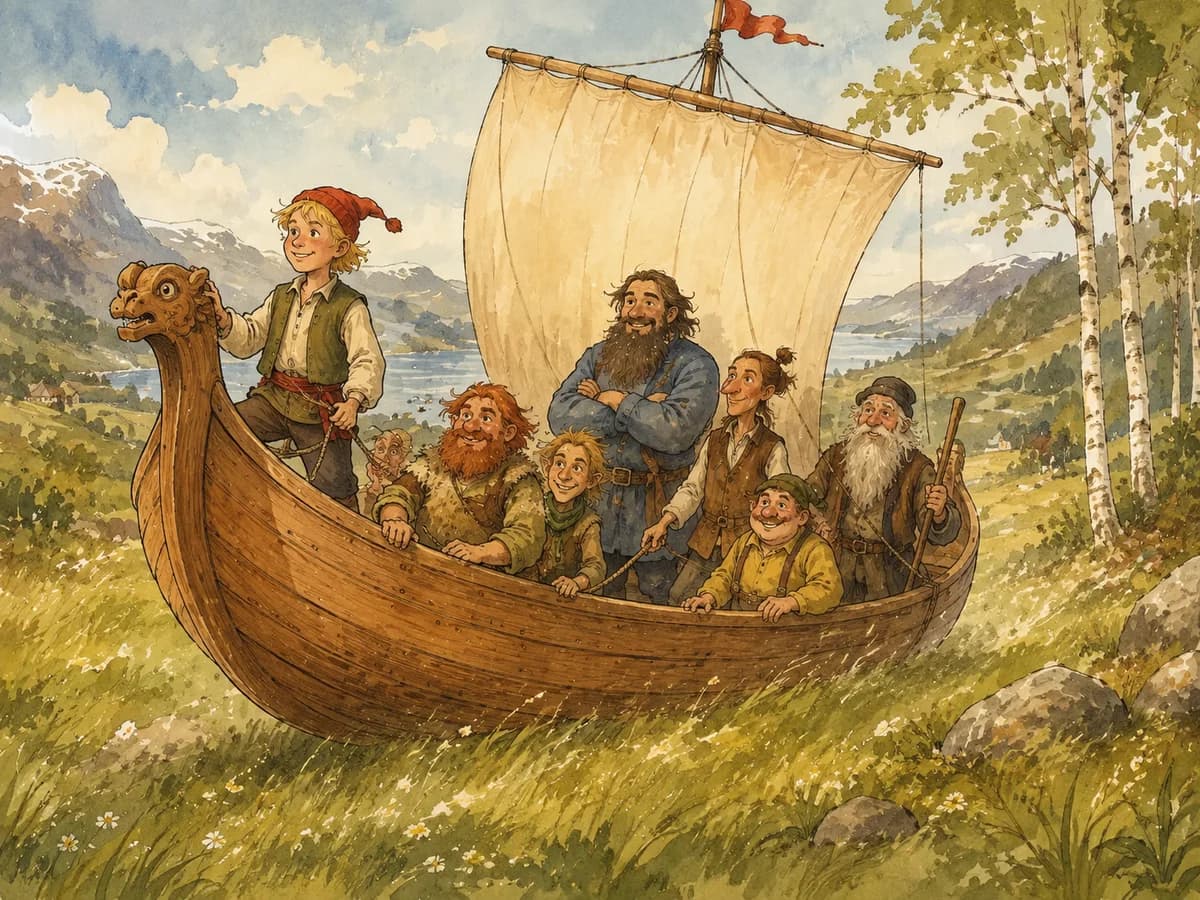 Askeladden and his helpers sail a magical wooden ship across a green meadow.