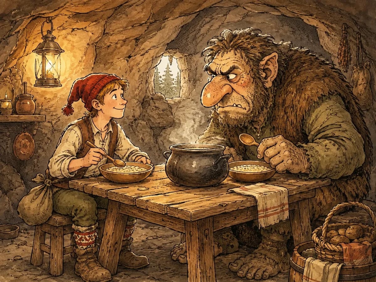 Askeladden and a large troll compete to eat porridge at a wooden table.