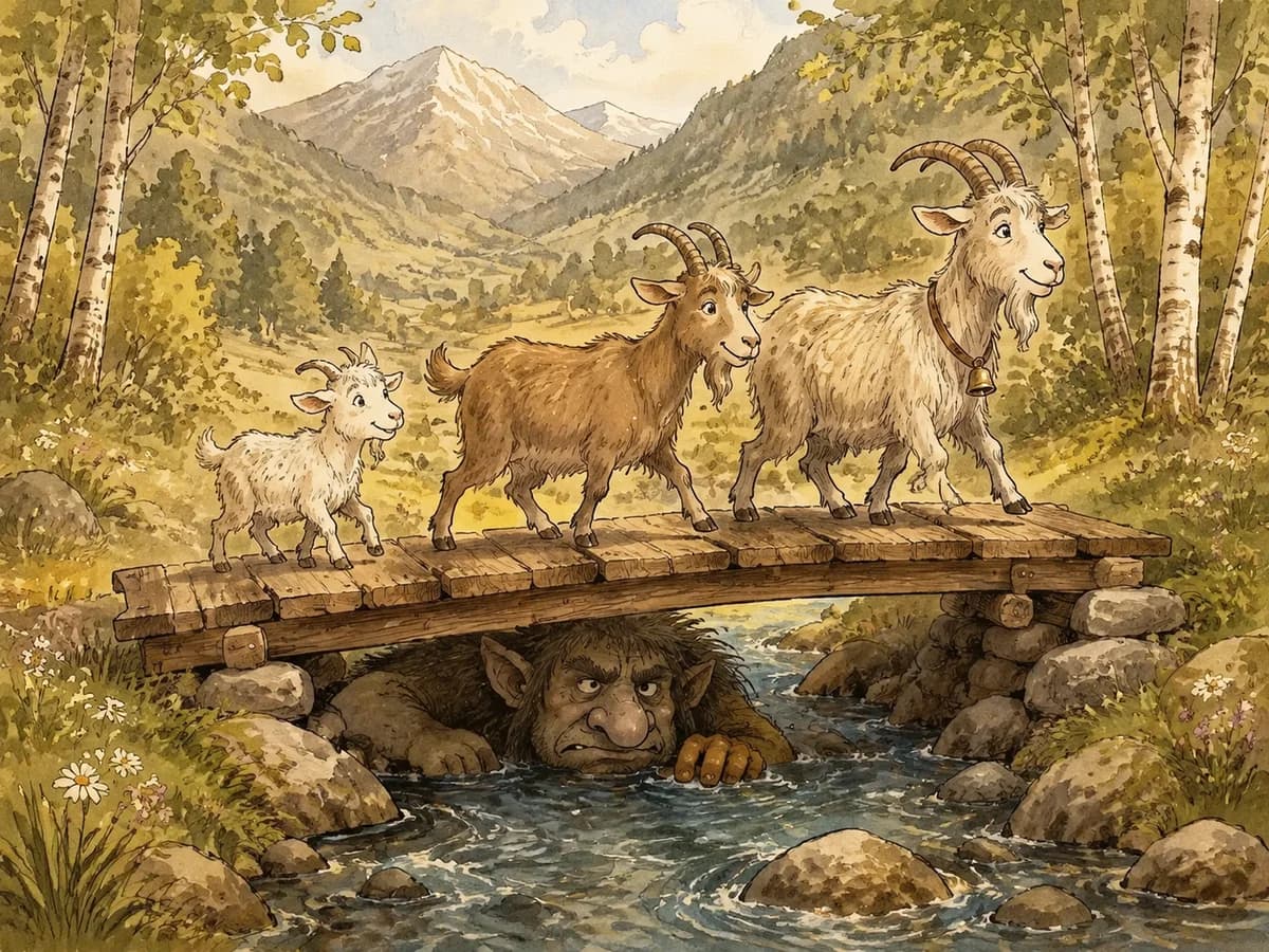Three goats cross a wooden bridge while a troll lurks underneath.