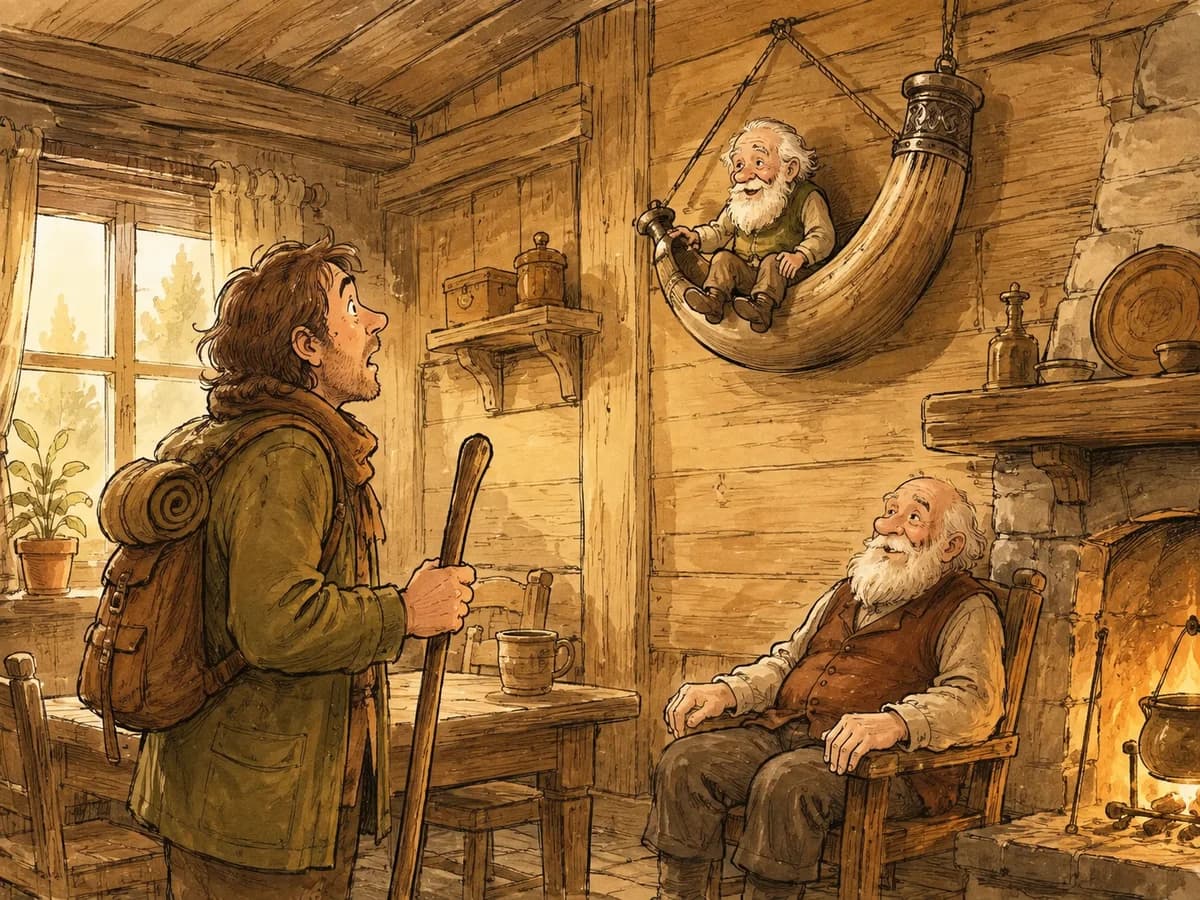 A traveler discovers a tiny old man in a horn on a farmhouse wall.