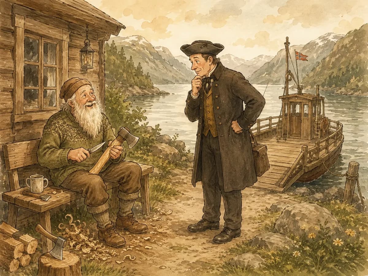 A ferryman carves an axe handle while a puzzled visitor greets him.