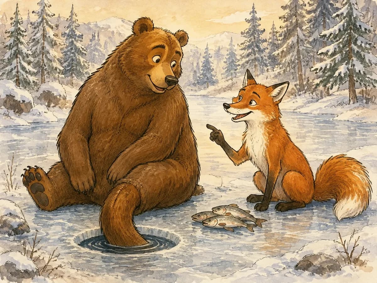 A brown bear fishes with its tail through the ice beside a red fox.