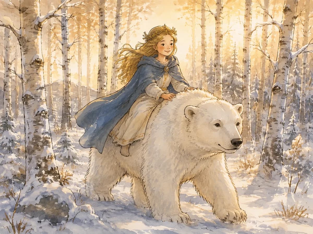 A princess with a golden wreath rides a white bear through a wintry forest.