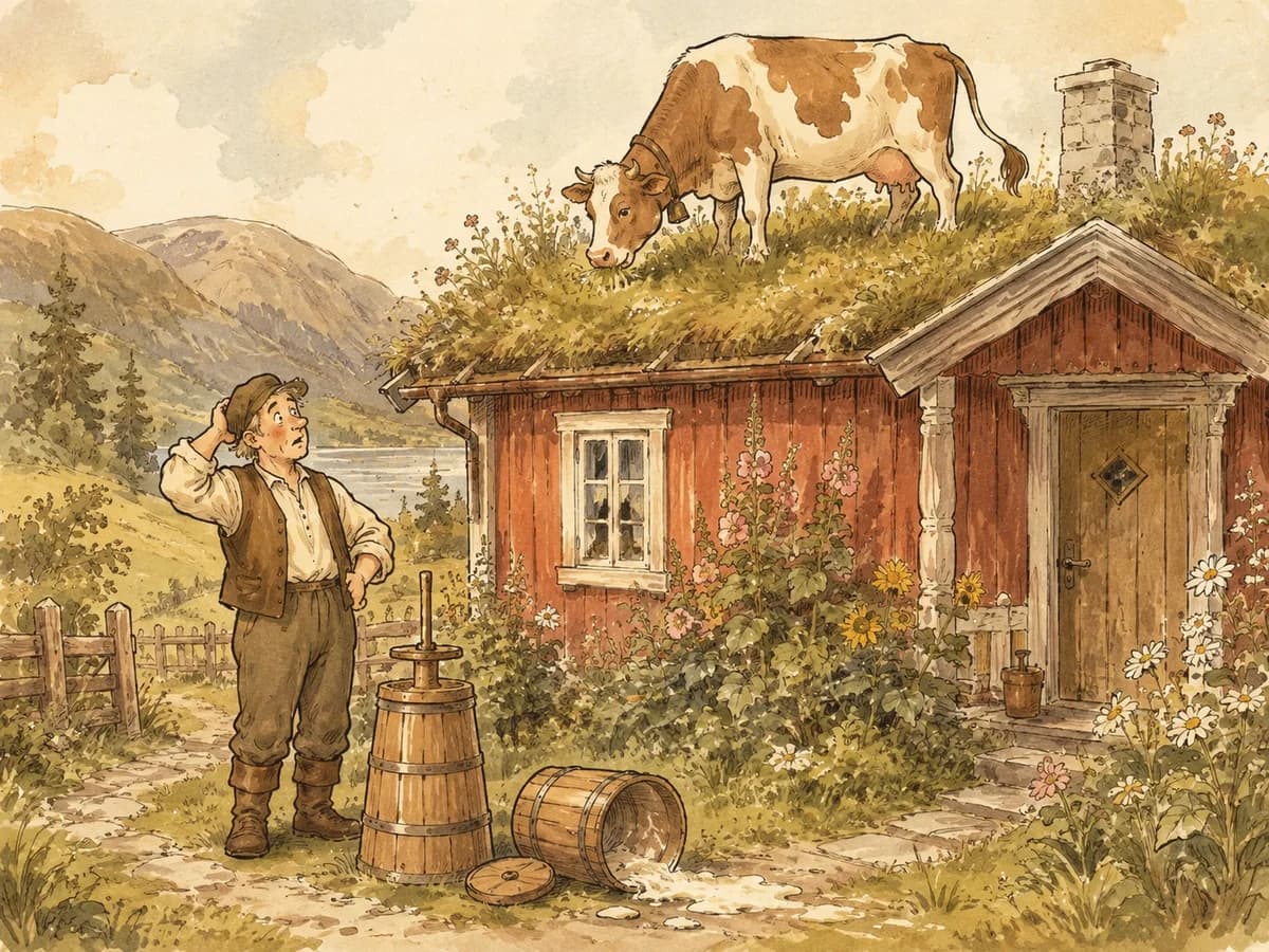 A bewildered farmer stands outside his cottage as a cow grazes on the turf roof.