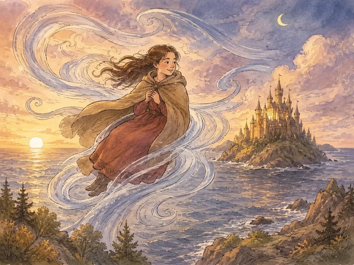 A girl is carried by the north wind over the sea toward a distant enchanted castle.