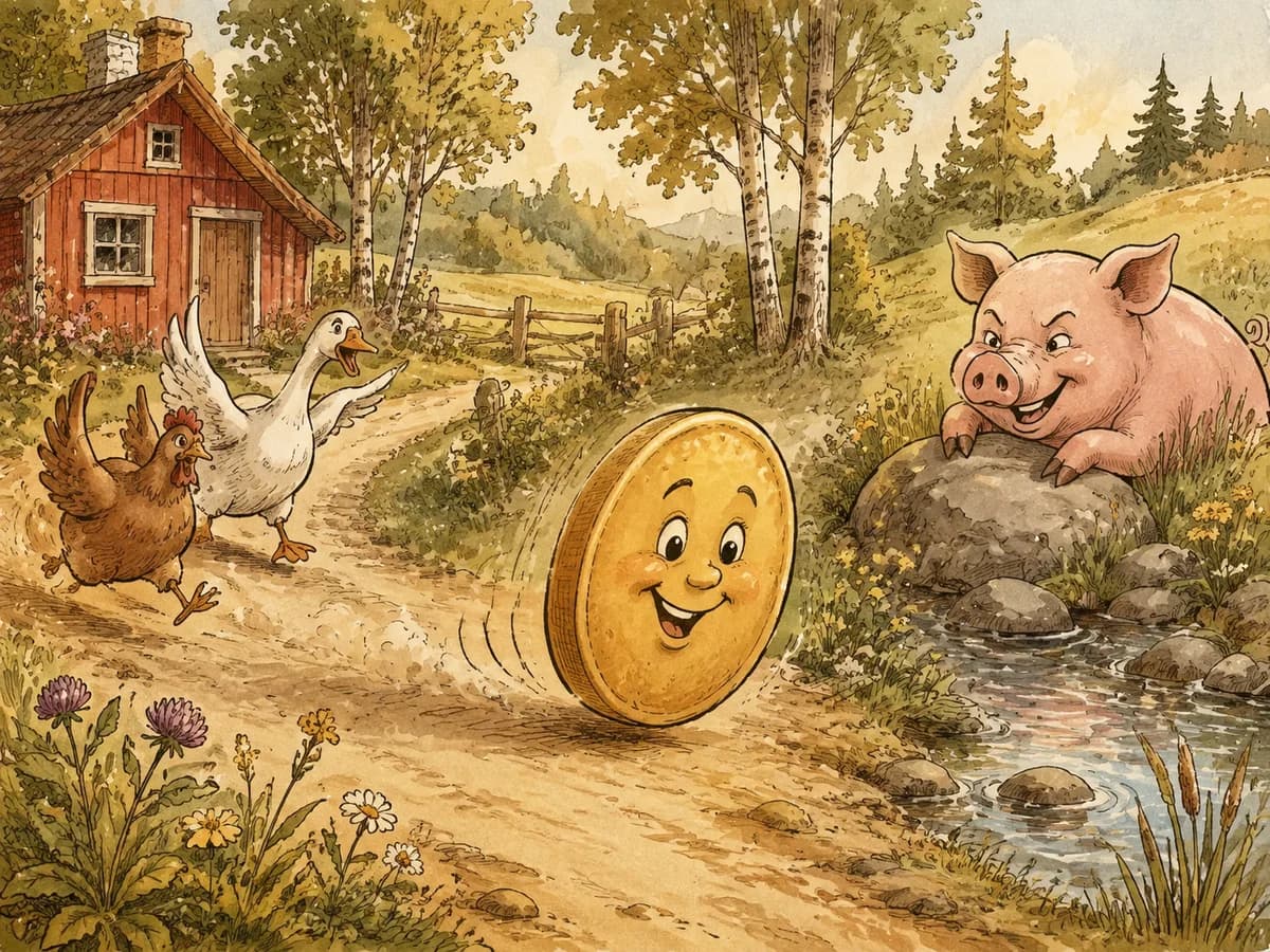 A golden pancake rolls past farm birds toward a pig by a stream.