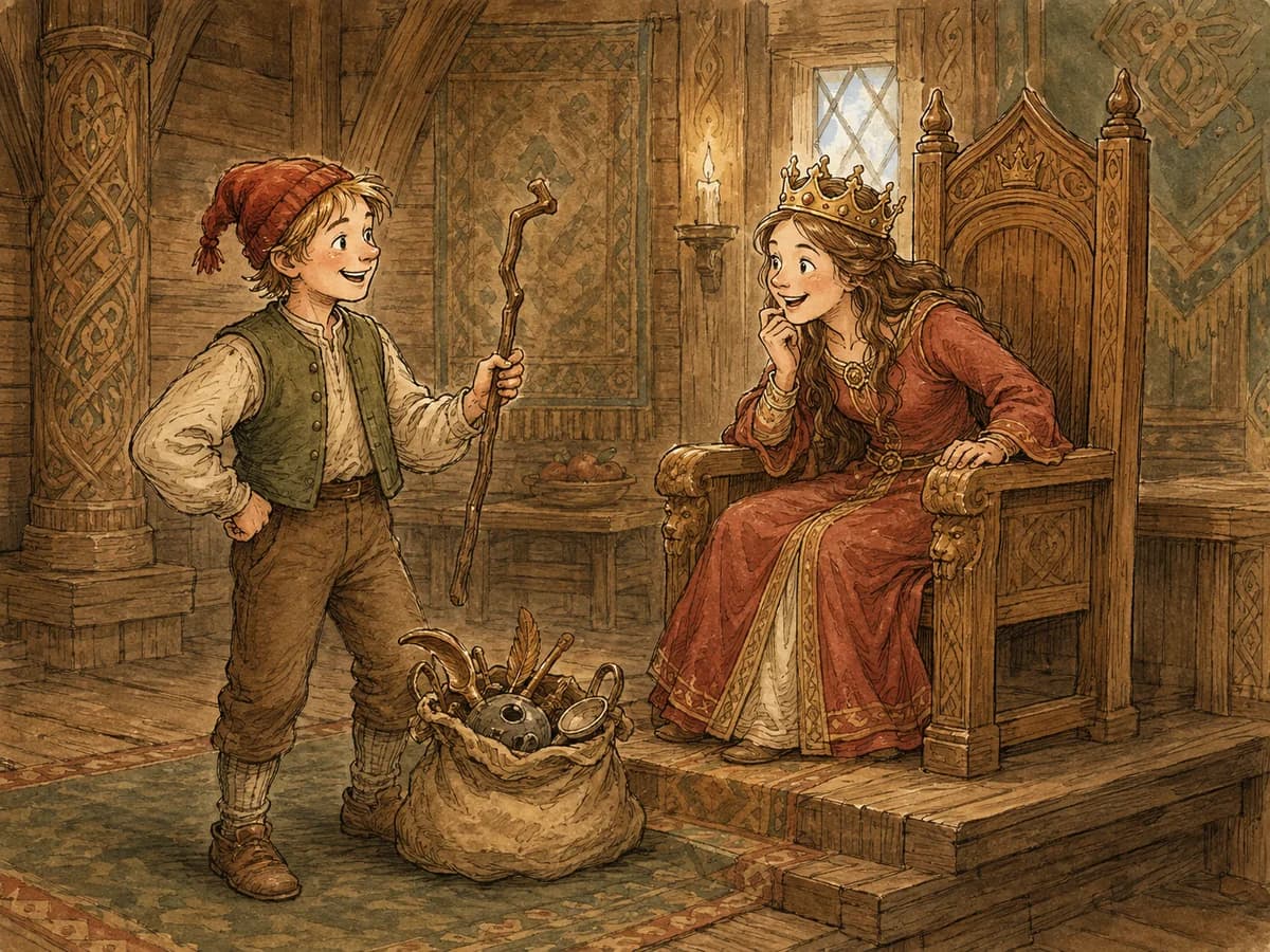 A quick-witted farm boy surprises a princess in a carved wooden throne.