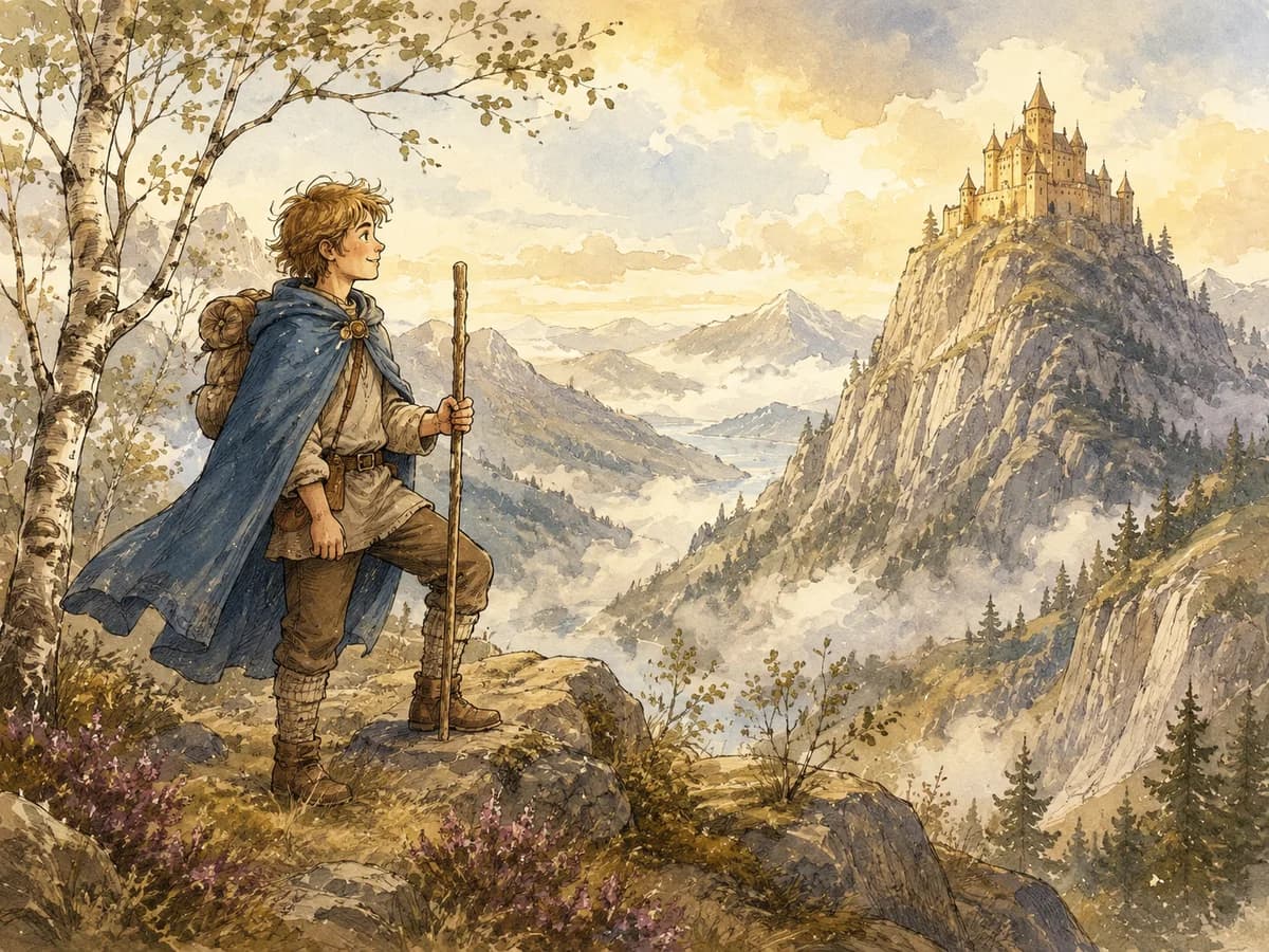 A young traveler looks across misty Norwegian mountains toward a golden castle.