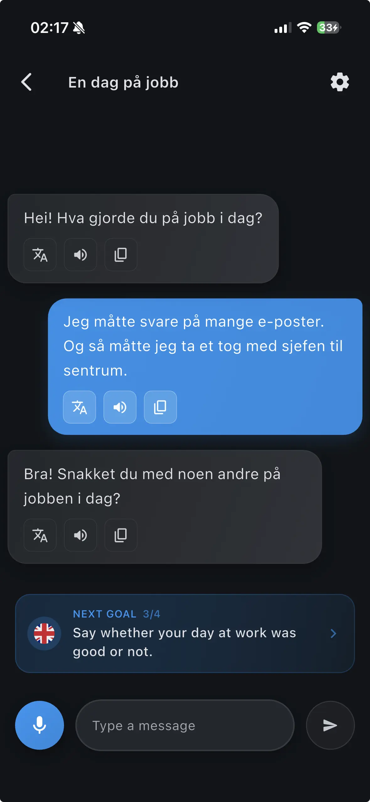 Conversation interface showing AI-guided goals and natural Norwegian dialogue