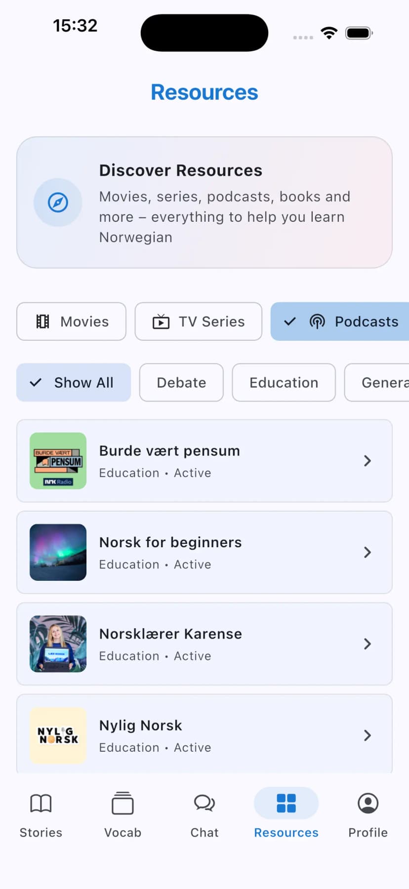 Study resources interface showing curated Norwegian movies, TV shows, podcasts, and more
