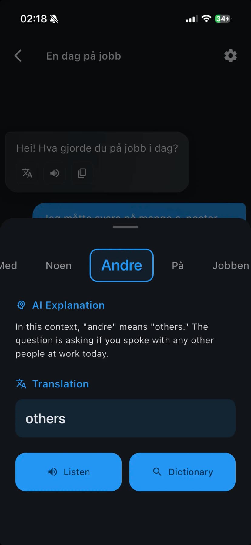 In-message word explanations and translation features