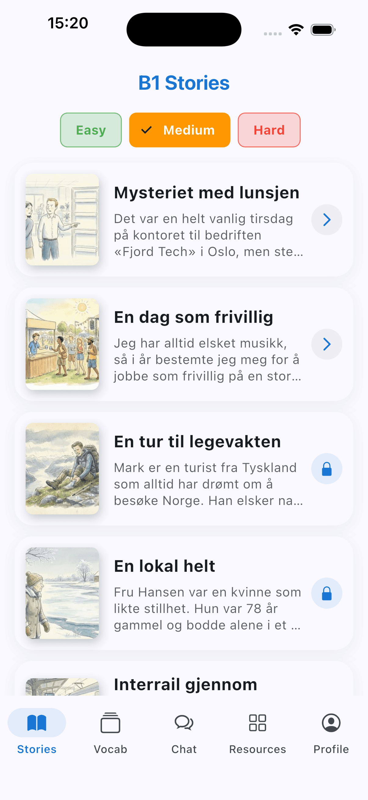 Snakk Norsk app showing interactive stories